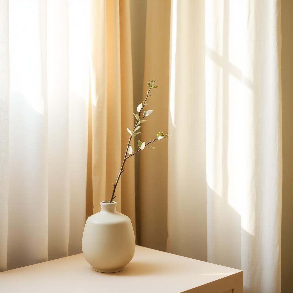 Soft morning light through linen curtains with a sage sprig